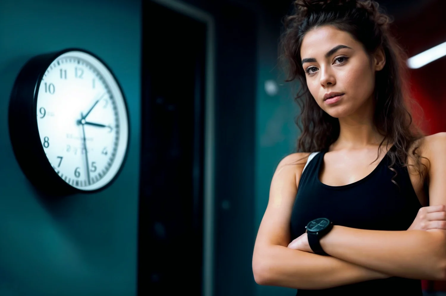 Une femme sportive se tenant debout les bras croisés devant un mur avec une horloge.