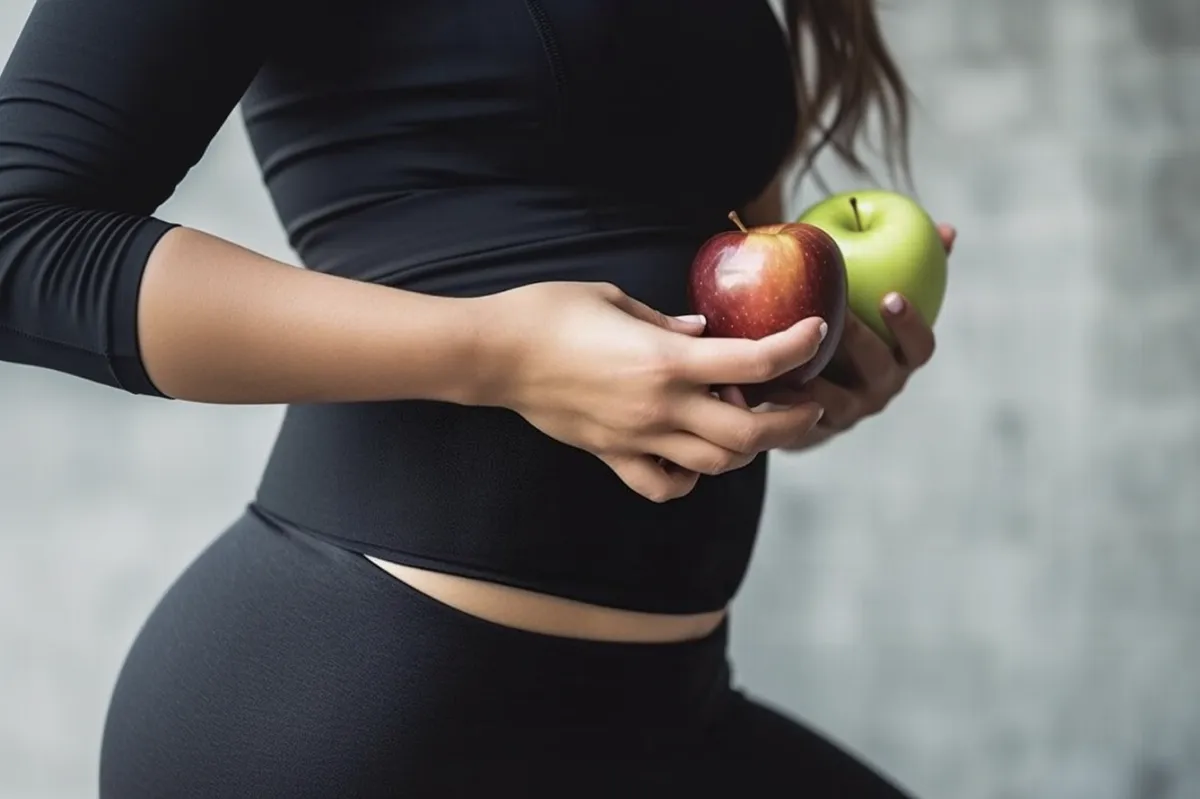 Femme portant une ceinture de sudation tenant des pommes dans ses mains