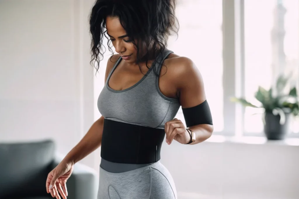 Femme sportive aux cheveux frisés portant des vêtements de sport et une ceinture de sudation et se tenant debout dans une pièce de maison lumineuse.