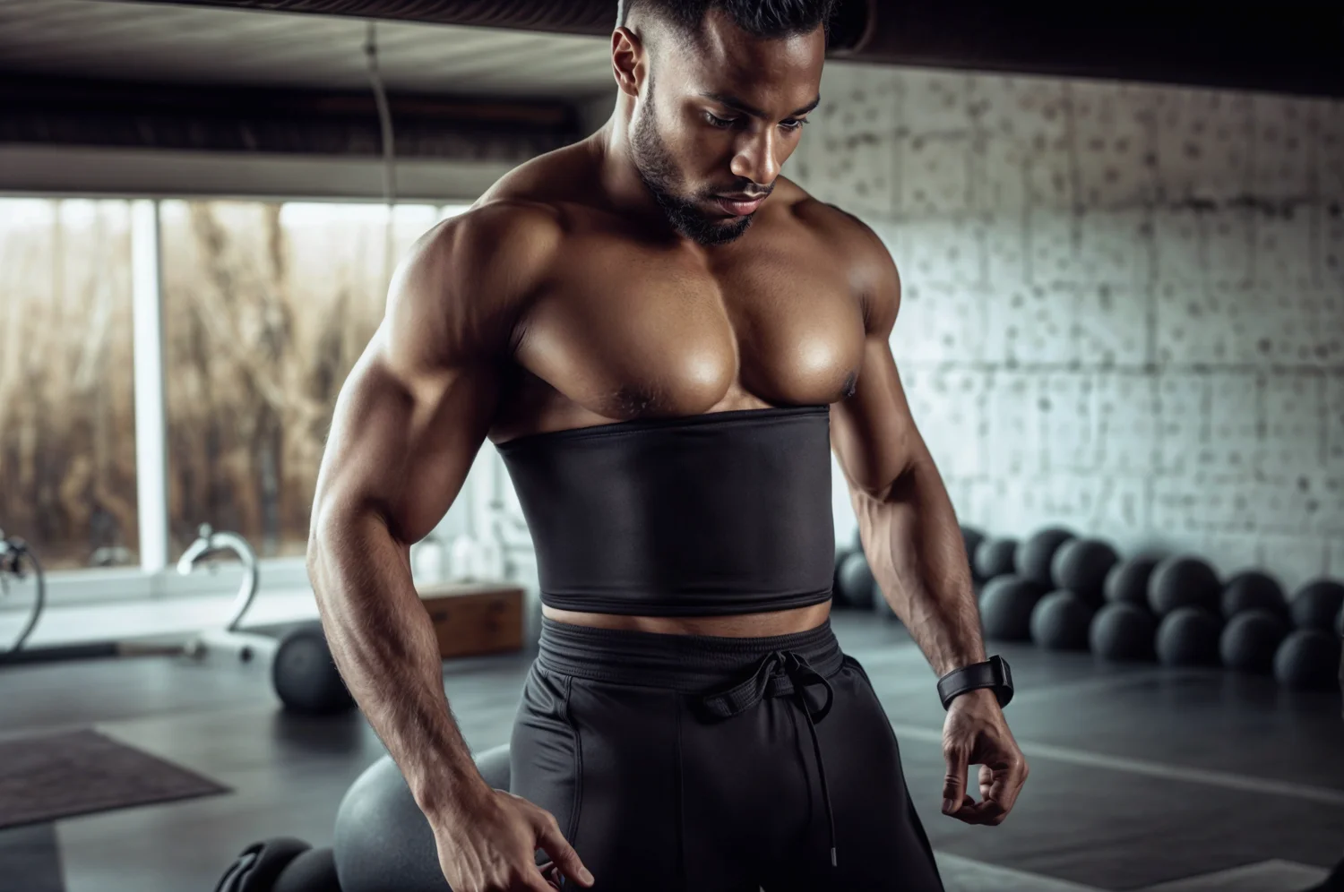 Homme noir musclé portant une ceinture de sudation debout entouré de poids dans une salle de sport