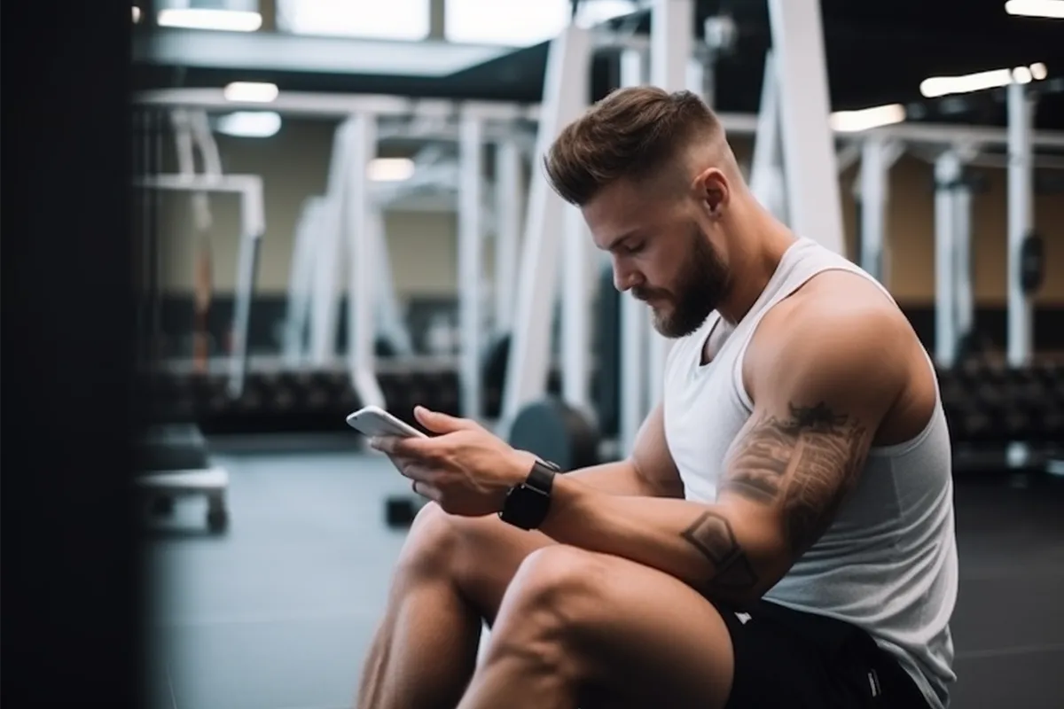 Homme sportif écrivant un avis sur son téléphone