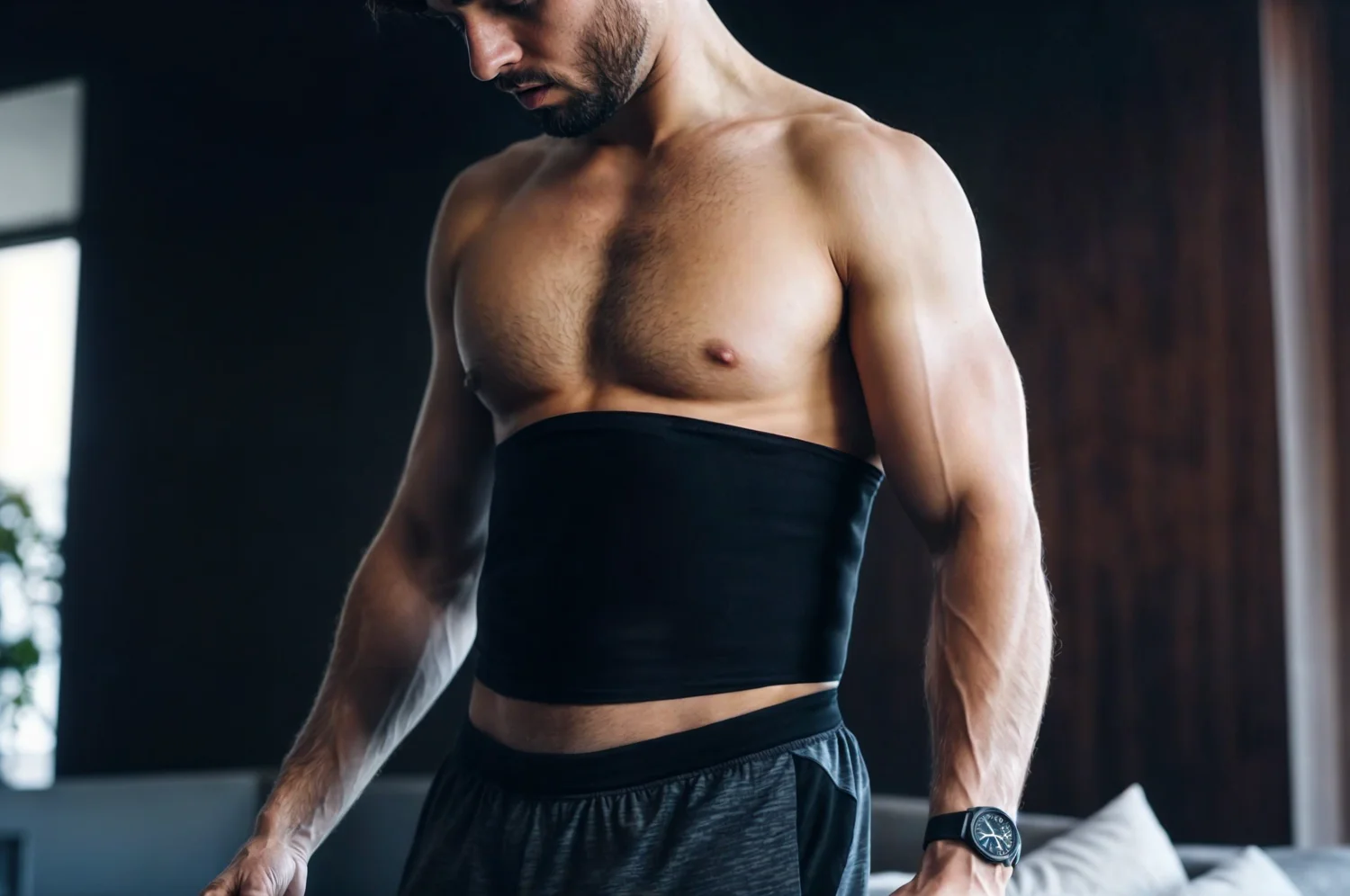 Homme sportif portant une ceinture de sudation debout dans son salon.