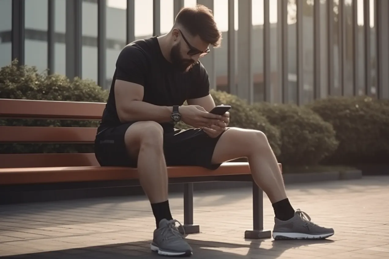 Homme sportif assis sur un banc faisant une recherche sur son téléphone