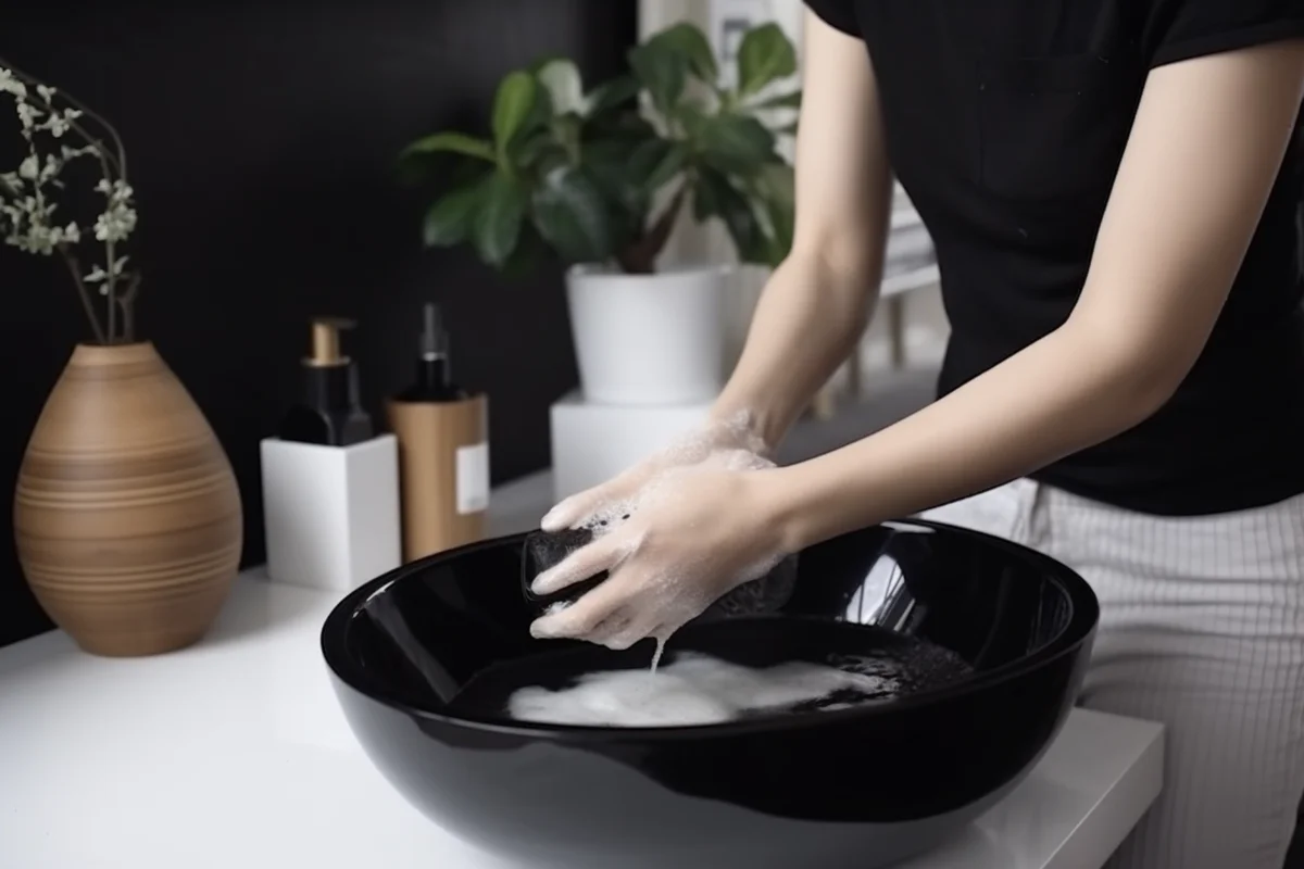 Femme lavant un textile à la main avec de l'eau savoneuse