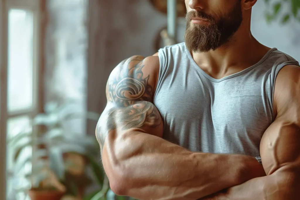 Zoom sur les biceps d'un homme musclé croisant les bras.