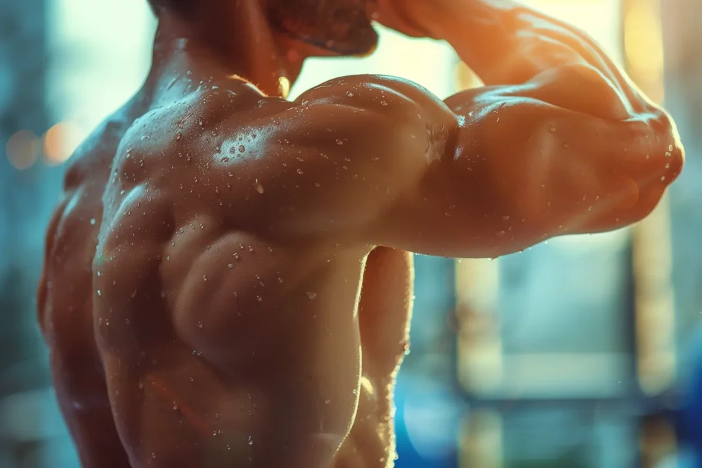 Un homme torse nu aux bras musclés montre ses triceps dans une salle de sport.
