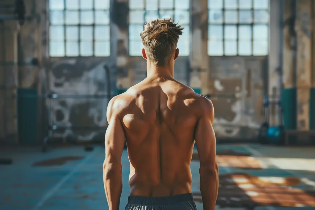 Dos d'un homme musclé debout dans un environnement industriel lumineux