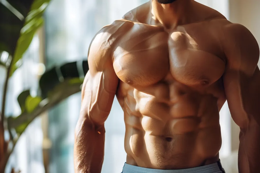 Haut du corps d'un homme musclé debout dans une salle lumineuse